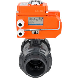 Кран шаровой BV4242E-FP-GRM-ISO Дн65 Ру10 полнопроходной, клеевой с разборным муфтовым соединением, корпус - НПВХ, шар - НПВХ, уплотнение - EPDM, с электроприводом QT-N-003EM-O1-24VDC-У1 HARK