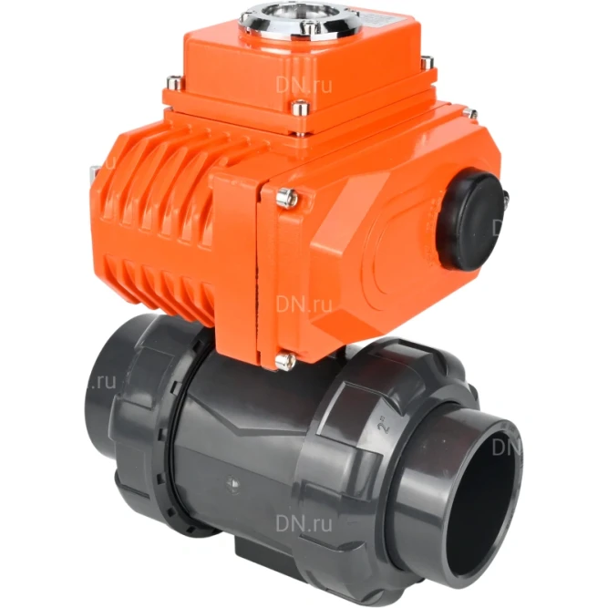 Кран шаровой BV4242E-FP-GRM-ISO Дн65 Ру10 полнопроходной, клеевой с разборным муфтовым соединением, корпус - НПВХ, шар - НПВХ, уплотнение - EPDM, с электроприводом QT-N-003EM-O1-24VDC-У1 HARK