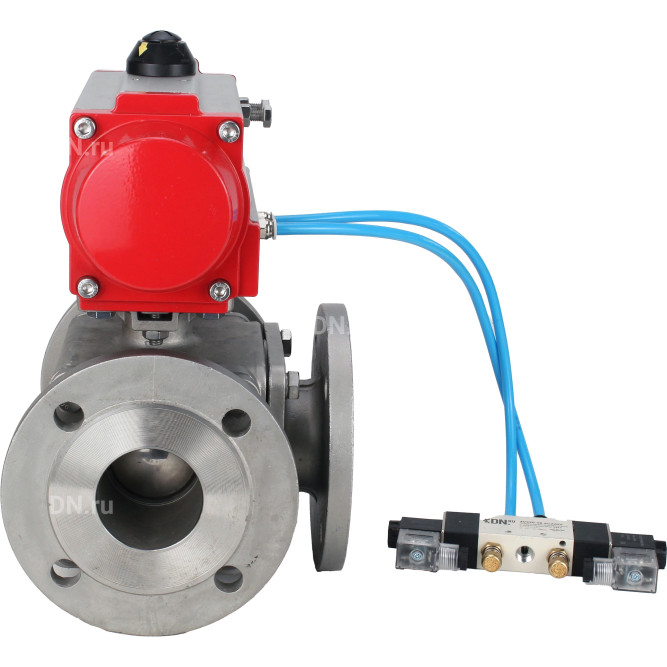 Кран шаровой BV3232P(4pc)-FP-3WL-F Ду100 Ру16 полнопроходной трехходовой, фланцевый, корпус - нержавеющая сталь SS316, с пневмоприводом PA-DA-105 двойного действия и пневмораспределителем 4V320-08 AC220V