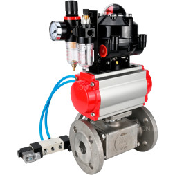 Кран шаровой BV3232P(4pc)-FP-3WL-F Ду32 Ру16 полнопроходной трехходовой, фланцевый, корпус - нержавеющая сталь SS316, с пневмоприводом PA-SA-083 с возвратными пружинами, пневмораспределителем 4V320-08 AC220V, БКВ APL-510N EX и БПВ AFC2000