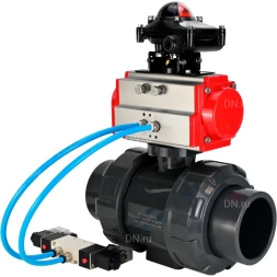 Кран шаровой BV4242E-FP-GRM-ISO Дн25 Ру10 полнопроходной, корпус - НПВХ, шар - НПВХ, уплотнение - EPDM, с пневмоприводом PA-SA-052, пневмораспределителем 4V320-10 AC220V и БКВ APL-210N