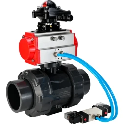 Кран шаровой BV4242E-FP-GRM-ISO Дн25 Ру10 полнопроходной, корпус - НПВХ, шар - НПВХ, уплотнение - EPDM, с пневмоприводом PA-SA-052, пневмораспределителем 4V320-10 AC220V и БКВ APL-210N