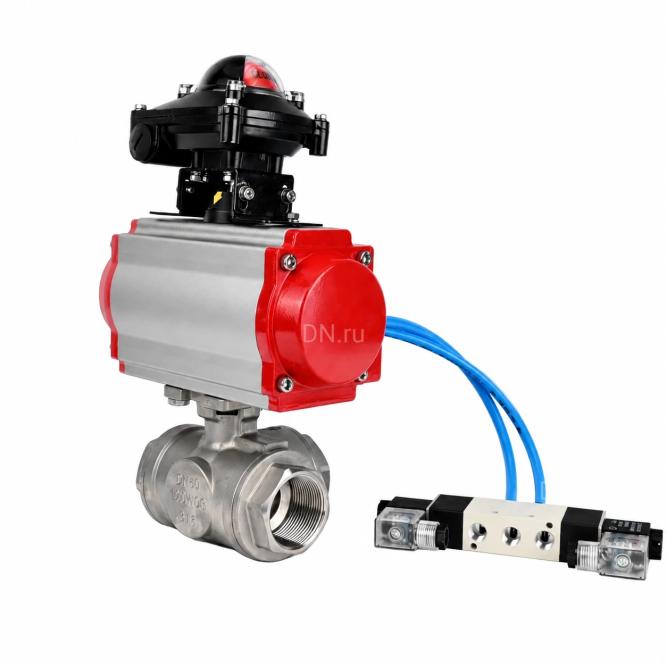 Кран шаровой BV3232P(4pc)-SP-3WL-T-ISO-H WDVF Ду65 Ру40 стандартнопроходной, 3-ходовой L-тип, внутренняя резьба, нержавеющая сталь AISI 316, PTFE, с пневмоприводом PA-SA-140, пневмораспределителем 4V320-10 AC220V и БКВ APL-210N