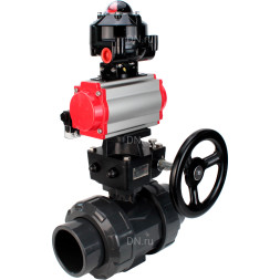 Кран шаровой BV4242E-FP-GRM-ISO Дн65 Ру10 полнопроходной, корпус - НПВХ, шар - НПВХ, уплотнение - EPDM, с пневмоприводом PA-DA-065, пневмораспределителем 4M310-08 DC24V, ручным дублером MON1-250-T26-ISO и БКВ APL-510N EX