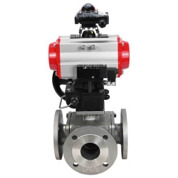Кран шаровой BV3232P(4pc)-FP-3WL-F Ду25 Ру16 полнопроходной трехходовой, фланцевый, корпус - нержав.сталь SS316, с пневмоприводом PA-DA-052, пневмораспределителем 4M310-08 AC220V, БКВ APL-210N и ручным дублером MON1-250-T26-ISO