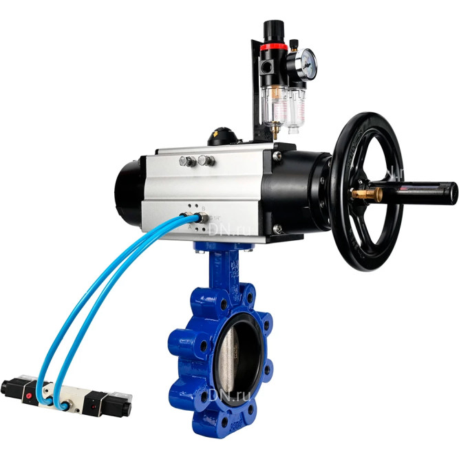 Затвор дисковый поворотный WBV1616N-2W-Fb-H Ду125 Ру16 LUG, корпус - чугун QT450, диск - чугун QT450, уплотнение - NBR, с пневмоприводом PA-DA-105-1, пневмораспределителем 4M320-08 AC220V и БПВ AFC2000