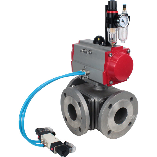 Кран шаровой BV3232P(4pc)-FP-3WL-F Ду32 Ру16 полнопроходной трехходовой, фланцевый, корпус - нержавеющая сталь SS316, с пневмоприводом PA-SA-083 с возвратными пружинами, пневмораспределителем 4V320-10 AC220V и БПВ AFC2000