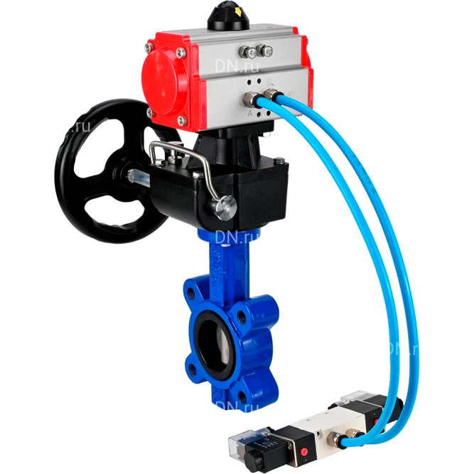 Затвор дисковый поворотный WBV1631N-2W-Fb-H Ду80 Ру16 LUG, корпус - чугун QT450, диск - нержавеющая сталь 304, уплотнение - NBR, с пневмоприводом PA-DA-083, пневмораспределителем 4M320-10 AC220V и ручным дублером MON2-450-T28-ISO