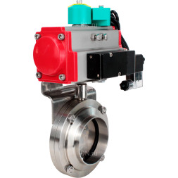 Затвор дисковый поворотный WBV3131E-2W-T-H Ду20 Ру10 резьбовой, пищевая нержавеющая сталь 304, уплотнение - EPDM, с пневмоприводом PA-DA-052, пневмораспределителем 4M310-08 DC24V и магнитным переключателем ALS200D