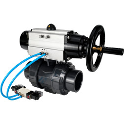 Кран шаровой BV4242E-FP-GRM-ISO Дн32 Ру10 полнопроходной, корпус - НПВХ, шар - НПВХ, уплотнение - EPDM, с пневмоприводом PA-DA-105-1 и пневмораспределителем 4V320-10 AC220V