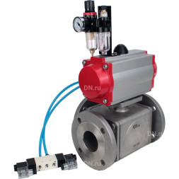 Кран шаровой BV3232P(4pc)-FP-3WL-F Ду40 Ру16 полнопроходной трехходовой, фланцевый, корпус - нержавеющая сталь SS316, с пневмоприводом PA-DA-065 двойного действия, пневмораспределителем 4V320-08 AC220V и БПВ AFC2000