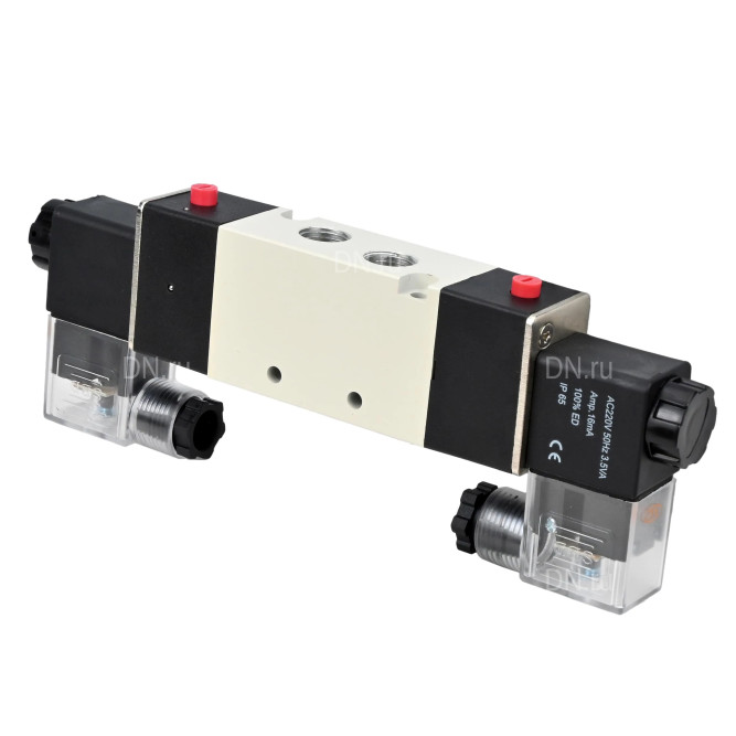 Пневмораспределитель 4V320-08 AC220V 1/4″ бистабильный, пятиканальный, с двусторонним ЭМУ (подключение со шлангами)