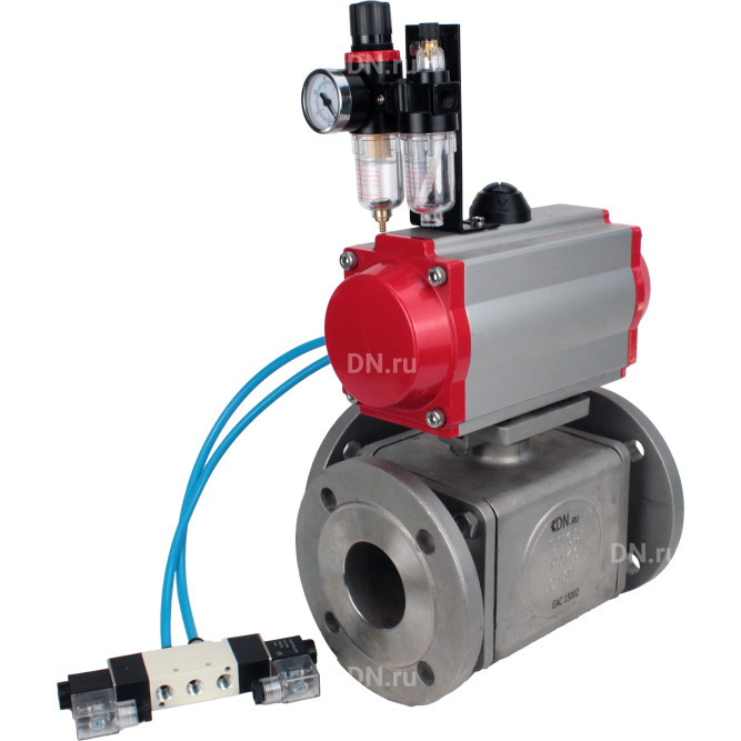 Кран шаровой BV3232P(4pc)-FP-3WL-F Ду50 Ру16 полнопроходной трехходовой, фланцевый, корпус - нержавеющая сталь SS316, с пневмоприводом PA-SA-105 с возвратными пружинами, пневмораспределителем 4V320-10 AC220V и БПВ AFC2000