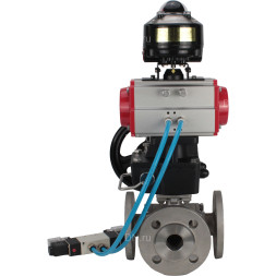 Кран шаровой BV3232P(4pc)-FP-3WL-F Ду65 Ру16 полнопроходной трехходовой, фланцевый, корпус - нержавеющая сталь SS316, с пневмоприводом PA-DA-083, пневмораспределителем 4V320-08 AC220V, БКВ APL-510N EX и ручным дублером MON2-450-T28-ISO