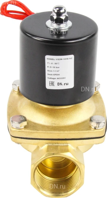Клапан электромагнитный VS100-ET-NC-24VAC 1 1/4″ Ду32 Ру10 прямого действия двухходовой, корпус - латунь, присоединение - внутренняя резьба, уплотнение - EPDM, нормально-закрытый, катушка - 24 В AC