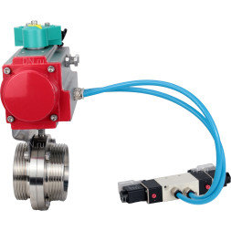 Затвор дисковый поворотный WBV3131S-2W-T-H Ду15 Ру10 резьбовой, пищевая нержавеющая сталь 304, уплотнение - Silicon, с пневмоприводом PA-DA-052, пневмораспределителем 4V320-08 AC220V и магнитным переключателем ALS200D
