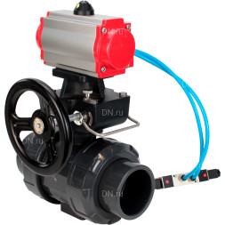 Кран шаровой BV4242E-FP-GRM-ISO Дн25 Ру10 полнопроходной, корпус - НПВХ, шар - НПВХ, уплотнение - EPDM, с пневмоприводом PA-DA-052, пневмораспределителем 4V320-08 AC220V и ручным дублером MON1-250-T26-ISO