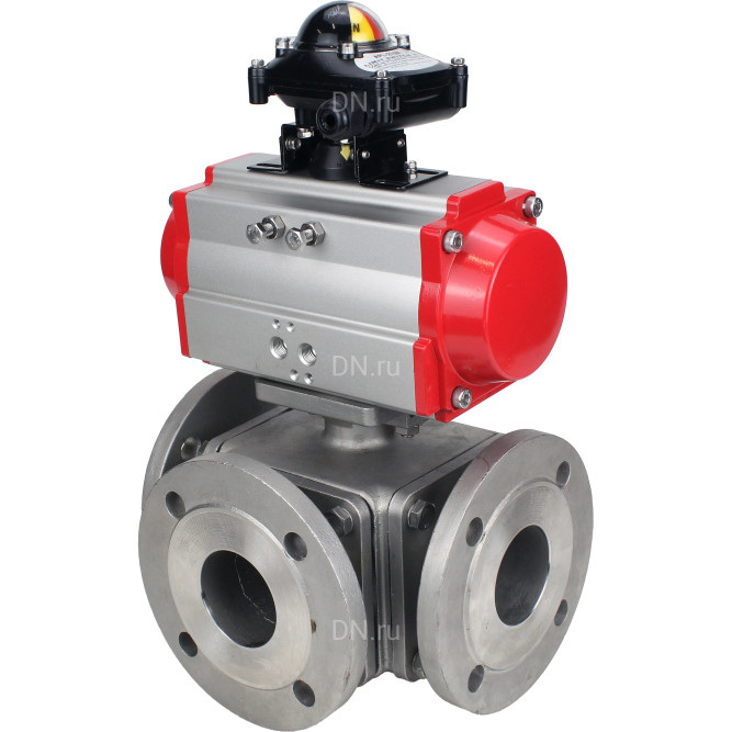 Кран шаровой BV3232P(4pc)-FP-3WL-F Ду32 Ру16 полнопроходной трехходовой, фланцевый, корпус - нержавеющая сталь SS316, с пневмоприводом PA-SA-083 с возвратными пружинами и БКВ APL-210N