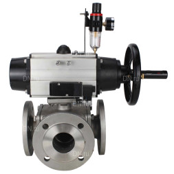 Кран шаровой BV3232P(4pc)-FP-3WL-F Ду100 Ру16 полнопроходной трехходовой, фланцевый, корпус - нержавеющая сталь SS316, с пневмоприводом PA-DA-105-1 двойного действия, пневмораспределителем 4M310-08 AC220V и БПВ AFC2000