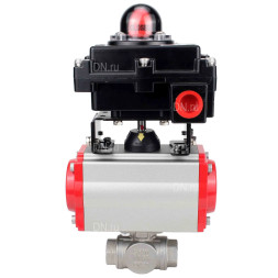 Кран шаровой BV3232P(4pc)-SP-3WL-T-ISO-H Ду32 Ру63 стандартнопроходной трехходовой L-тип, нержавеющая сталь SS316, внутренняя резьба, уплотнение - PTFE, с пневмоприводом PA-SA-65 и блоком концевых выключателей APL-410N EX