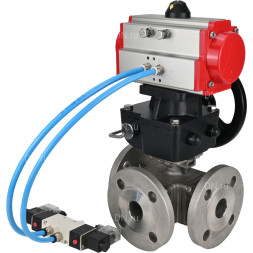 Кран шаровой BV3232P(4pc)-FP-3WL-F Ду25 Ру16 полнопроходной трехходовой, фланцевый, корпус - нержавеющая сталь SS316, с пневмоприводом PA-DA-052 двойного действия, пневмораспределителем 4V320-10 AC220V и ручным дублером MON1-250-T26-ISO