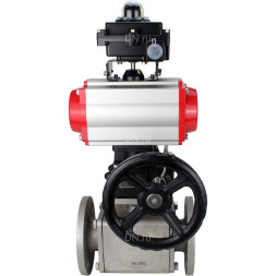 Кран шаровой BV3232P(4pc)-FP-3WL-F Ду40 Ру16 полнопроходной трехходовой, фланцевый, корпус - нержав.сталь SS316, пневмопривод PA-DA-065 двойн.действия, пневмораспределитель 4M310-08 AC220V, БКВ APL-410N EX и ручной дублер MON1-250-T26-ISO