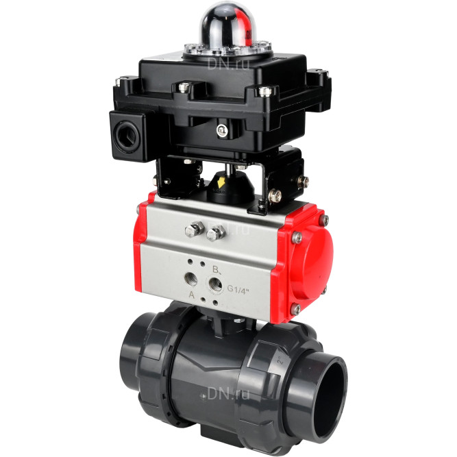 Кран шаровой BV4242E-FP-GRM-ISO Дн40 Ру10 полнопроходной, корпус - НПВХ, шар - НПВХ, уплотнение - EPDM, с пневмоприводом PA-DA-052 и БКВ APL-410N EX