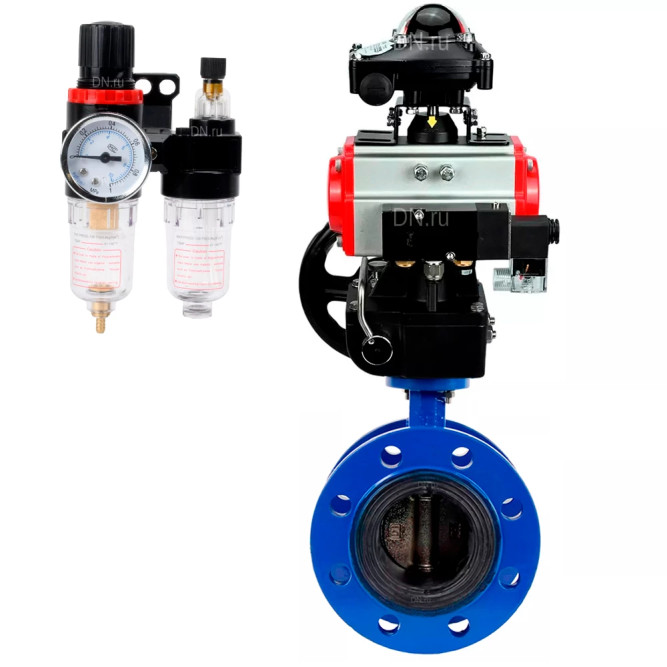Затвор дисковый поворотный WBV1331E-2W-F-H Ду125 Ру16 фланцевый, чугун GGG40/нержавеющая сталь 304, EPDM, с пневмоприводом PA-DA-130, пневмораспределителем 4M310-08 DC24V, БКВ APL-210N, ручным дублером MON3-700-T38-ISO и БПВ AFC2000