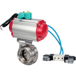 Затвор дисковый поворотный WBV3131E-2W-T-H Ду15 Ру10 резьбовой, пищевая нержавеющая сталь 304, уплотнение - EPDM, с пневмоприводом PA-DA-052, пневмораспределителем 4V320-08 AC220V и магнитным переключателем ALS200D