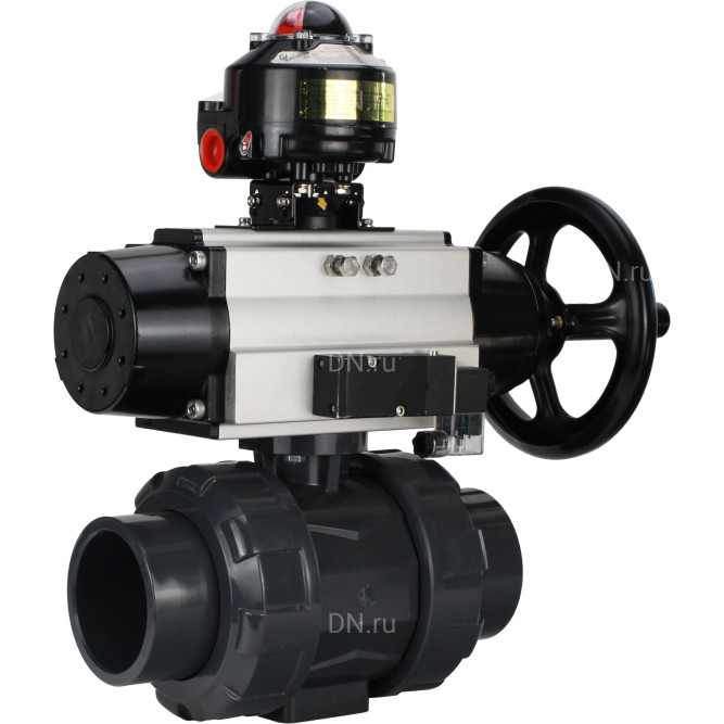 Кран шаровой BV4242E-FP-GRM-ISO Дн20 Ру10 полнопроходной, корпус - НПВХ, шар - НПВХ, уплотнение - EPDM, с пневмоприводом PA-DA-105-1, пневмораспределителем 4M310-08 AC220V и БКВ APL-510N EX