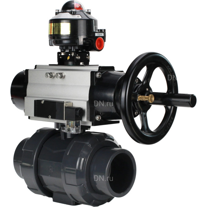 Кран шаровой BV4242E-FP-GRM-ISO Дн20 Ру10 полнопроходной, корпус - НПВХ, шар - НПВХ, уплотнение - EPDM, с пневмоприводом PA-DA-105-1, пневмораспределителем 4M310-08 AC220V и БКВ APL-510N EX