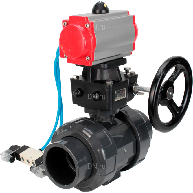 Кран шаровой BV4242E-FP-GRM-ISO Дн65 Ру10 полнопроходной, корпус - НПВХ, шар - НПВХ, уплотнение - EPDM, с пневмоприводом PA-DA-065, пневмораспределителем 4V320-08 AC220V и ручным дублером MON1-250-T26-ISO