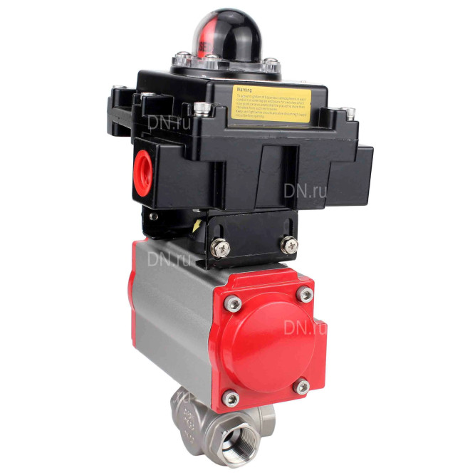 Кран шаровой BV3232P(4pc)-SP-3WL-T-ISO-H Ду50 Ру63 стандартнопроходной трехходовой L-тип, нержавеющая сталь SS316, внутренняя резьба, уплотнение - PTFE, с пневмоприводом PA-SA-83 и блоком концевых выключателей APL-410N EX