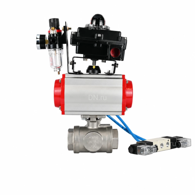 Кран шаровой BV3232P(4pc)-SP-3WL-T-ISO-H WDVF Ду65 Ру40 стандартнопроходной, 3-ходовой L-тип, внутренняя резьба, нержавеющая сталь AISI 316, PTFE, с пневмоприводом PA-SA-140, пневмораспределителем 4V320-08 AC220V, БКВ APL-410N EX и БПВ AFC2000