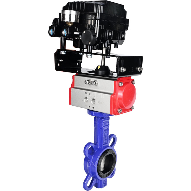 Затвор дисковый поворотный для абразивных сред WBV1632E-2W-Fb-H Ду150 Ру16, корпус - чугун QT450, диск - нержавеющая сталь 316L, уплотнение - EPDM, с пневмоприводом PA-SA-140 и позиционером YT-1000RSN с обратной связью