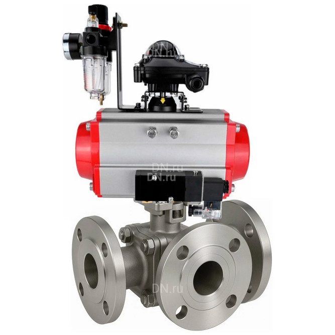 Кран шаровой BV3232P(2pc)-FP-3WL-F-ISO-H Ду50 Ру16 HYMT, трехходовой L-тип, полнопроходной, фланцевый, корпус - нержавеющая сталь SS316, с пневмоприводом PA-SA-105, пневмораспределителем 4V320-08 AC220V, БКВ APL-510N EX и БПВ AFC2000