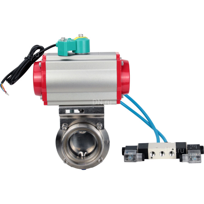 Затвор дисковый поворотный WBV3131E-2W-T-H Ду25 Ру10 резьбовой, пищевая нержавеющая сталь 304, уплотнение - EPDM, с пневмоприводом PA-DA-052, пневмораспределителем 4V320-08 AC220V и магнитным переключателем ALS200D