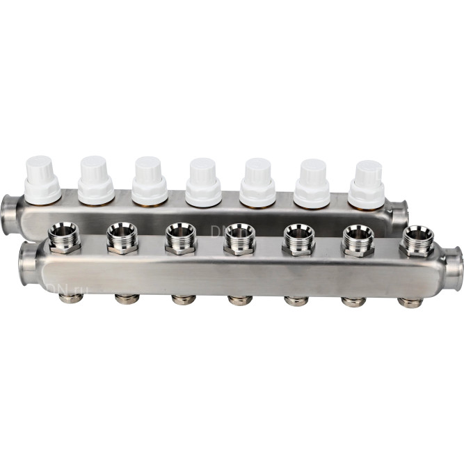 Коллекторная группа GC3-31-7 1″ Ду25 Ру10 отводов — 7, в сборе с терморегулирующими клапанами и запорно-балансировочными клапанами, без переходников, корпус - нержавеющая сталь AISI 304