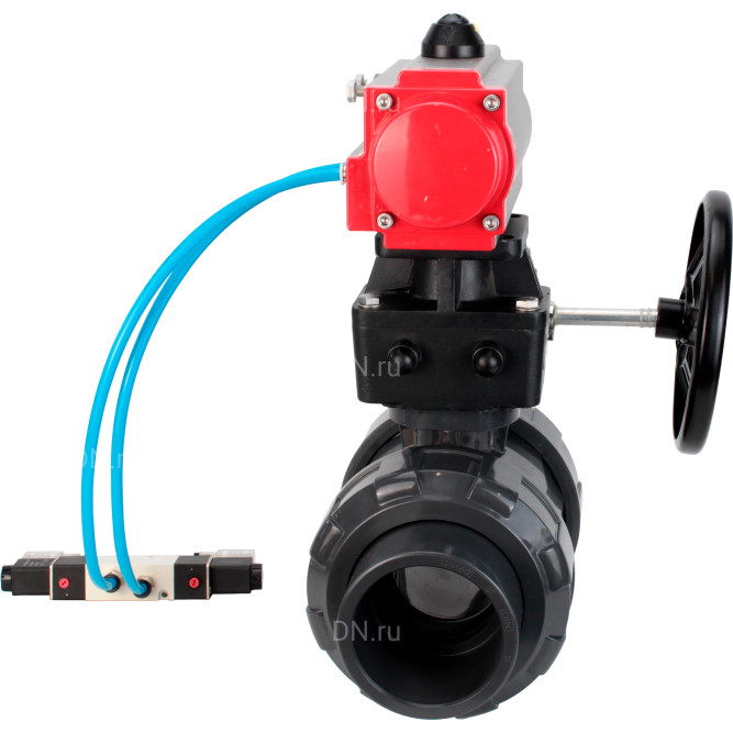 Кран шаровой BV4242E-FP-GRM-ISO Дн100 Ру10 полнопроходной, корпус - НПВХ, шар - НПВХ, уплотнение - EPDM, с пневмоприводом PA-DA-065, пневмораспределителем 4V320-08 AC220V и ручным дублером MON1-250-T26-ISO