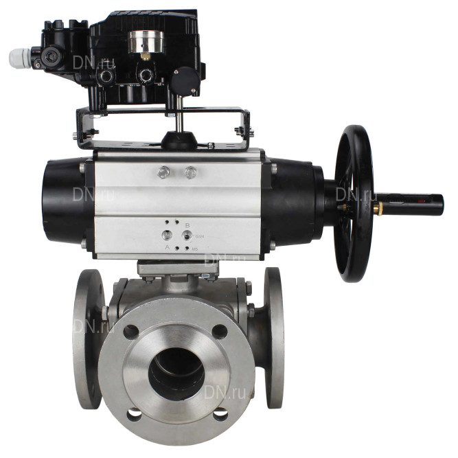 Кран шаровой BV3232P(4pc)-FP-3WL-F Ду100 Ру16 полнопроходной трехходовой, фланцевый, корпус - нержавеющая сталь SS316, с пневмоприводом PA-DA-105-1 двойного действия и пневмопозиционером YT-1000RSN с обратной связью