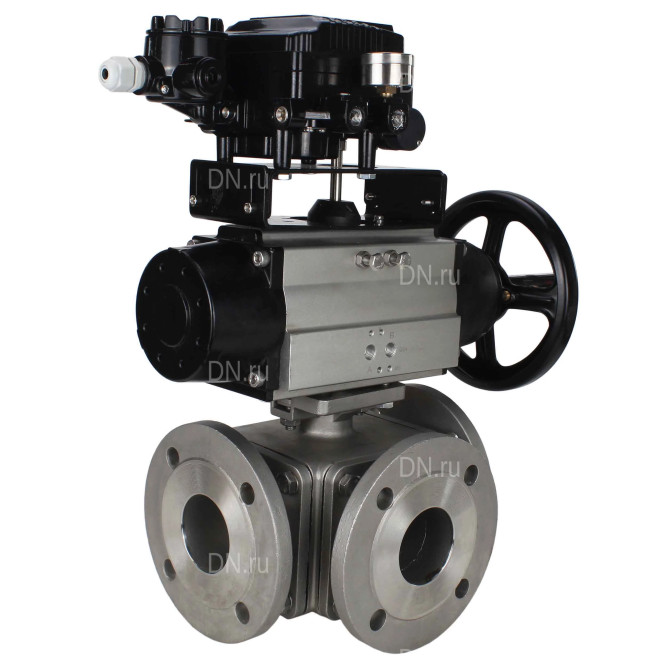 Кран шаровой BV3232P(4pc)-FP-3WL-F Ду100 Ру16 полнопроходной трехходовой, фланцевый, корпус - нержавеющая сталь SS316, с пневмоприводом PA-DA-105-1 двойного действия и пневмопозиционером YT-1000RSN с обратной связью