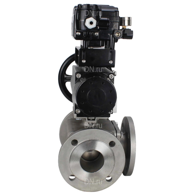 Кран шаровой BV3232P(4pc)-FP-3WL-F Ду100 Ру16 полнопроходной трехходовой, фланцевый, корпус - нержавеющая сталь SS316, с пневмоприводом PA-DA-105-1 двойного действия и пневмопозиционером YT-1000RSN с обратной связью