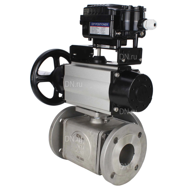 Кран шаровой BV3232P(4pc)-FP-3WL-F Ду100 Ру16 полнопроходной трехходовой, фланцевый, корпус - нержавеющая сталь SS316, с пневмоприводом PA-DA-105-1 двойного действия и пневмопозиционером YT-1000RSN с обратной связью