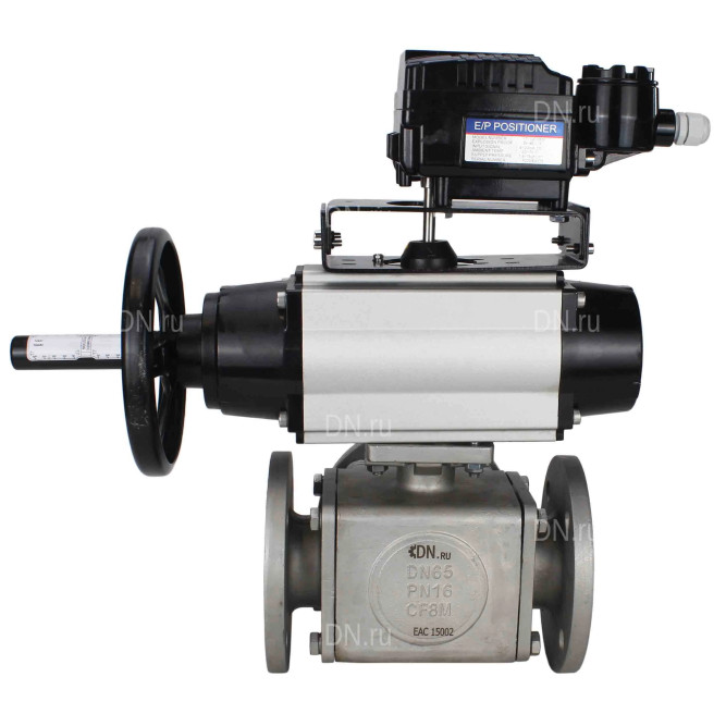 Кран шаровой BV3232P(4pc)-FP-3WL-F Ду100 Ру16 полнопроходной трехходовой, фланцевый, корпус - нержавеющая сталь SS316, с пневмоприводом PA-DA-105-1 двойного действия и пневмопозиционером YT-1000RSN с обратной связью