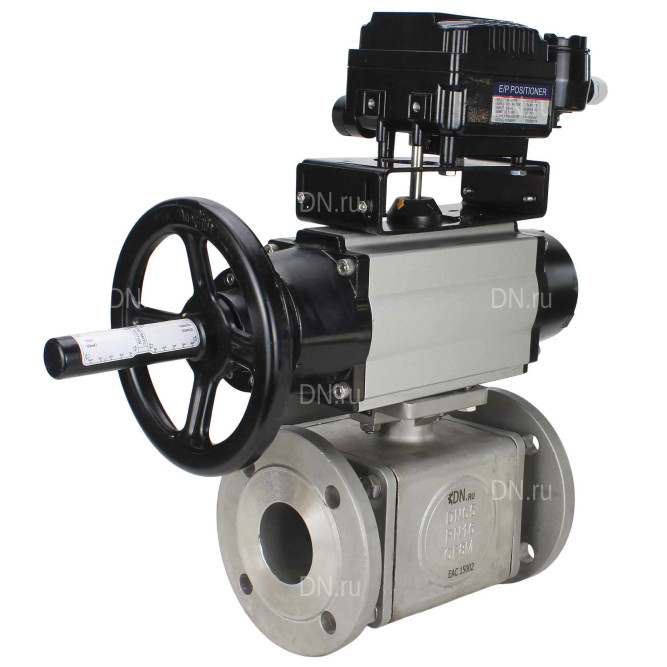 Кран шаровой BV3232P(4pc)-FP-3WL-F Ду100 Ру16 полнопроходной трехходовой, фланцевый, корпус - нержавеющая сталь SS316, с пневмоприводом PA-DA-105-1 двойного действия и пневмопозиционером YT-1000RSN с обратной связью