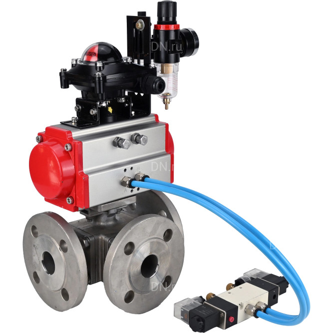 Кран шаровой BV3232P(4pc)-FP-3WL-F Ду15 Ру16 полнопроходной трехходовой, фланцевый, корпус - нержавеющая сталь SS316, с пневмоприводом PA-SA-052 с возвратными пружинами, пневмораспределителем 4V320-10 AC220V, БКВ APL-210N и БПВ AFC2000