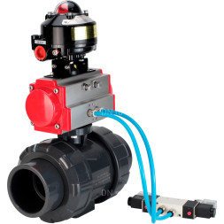 Кран шаровой BV4242E-FP-GRM-ISO Дн80 Ру10 полнопроходной, корпус - НПВХ, шар - НПВХ, уплотнение - EPDM, с пневмоприводом PA-SA-065, пневмораспределителем 4V320-10 AC220V и БКВ APL-510N EX