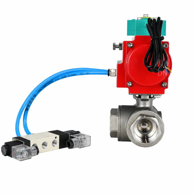 Кран шаровой BV3232P(4pc)-SP-3WL-T-ISO-H WDVF Ду65 Ру40 стандартнопроходной, 3-ходовой L-тип, внутренняя резьба, нержавеющая сталь AISI 316, с пневмоприводом PA-DA-105, пневмораспределителем 4V320-08 AC220V и магнитным переключателем ALS200D