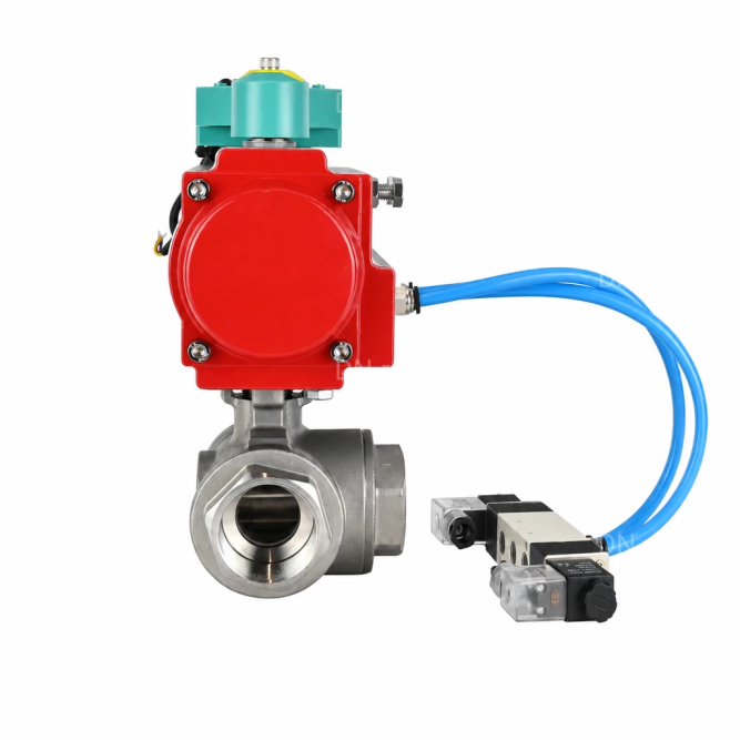 Кран шаровой BV3232P(4pc)-SP-3WL-T-ISO-H WDVF Ду65 Ру40 стандартнопроходной, 3-ходовой L-тип, внутренняя резьба, нержавеющая сталь AISI 316, с пневмоприводом PA-DA-105, пневмораспределителем 4V320-08 AC220V и магнитным переключателем ALS200D