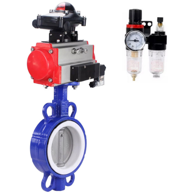 Затвор дисковый поворотный WBV3432P-2W-Fb-H Ду250 Ру16, корпус - углеродистая сталь WCB, диск - нержавеющая сталь 316L, уплотнение - PTFE, с пневмоприводом PA-SA-210, с пневмораспределителем 4V320-08 AC220V, БКВ APL-410N EX, БПВ AFC2000